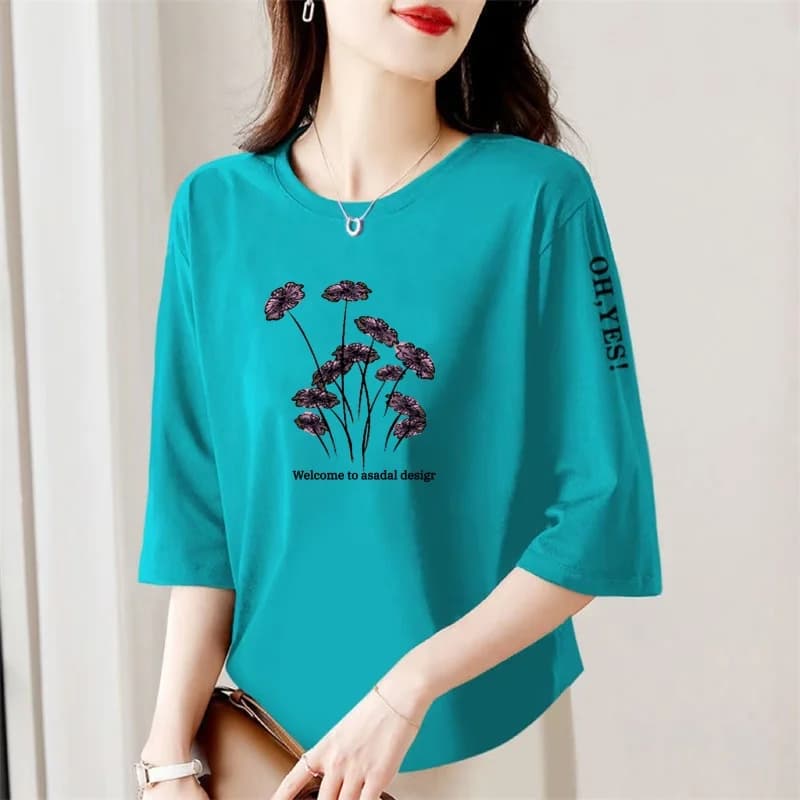 Loose Women's T-shirt Three-Quarter Sleeve Conceal Meat Belly Cover up Slimming Top Korean Style round Neck Polyester Fiber
