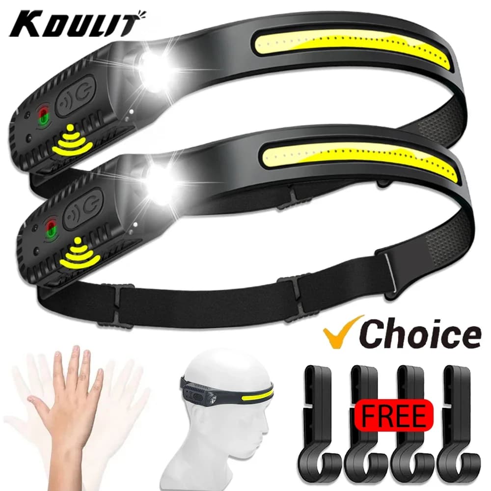 Lampada Frontale LED Ricaricabile USB con Sensore, Faro XPE+COB, Torcia da Testa per Campeggio, Pesca e Ricerca