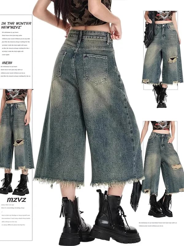 Retro American Torn Jeans Women's High Waist Loose plus Size Straight Leg 7-Length Middle Pants Casual Style Slim Series