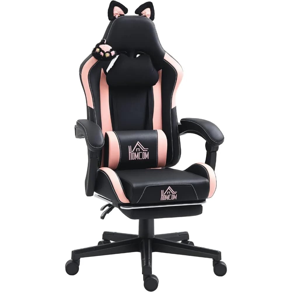 HOMCOM Sedia da gaming da corsa con orecchie di gatto, sedia da computer reclinabile in ecopelle con poggiapiedi, supporto lombare e poggiatesta, altezza