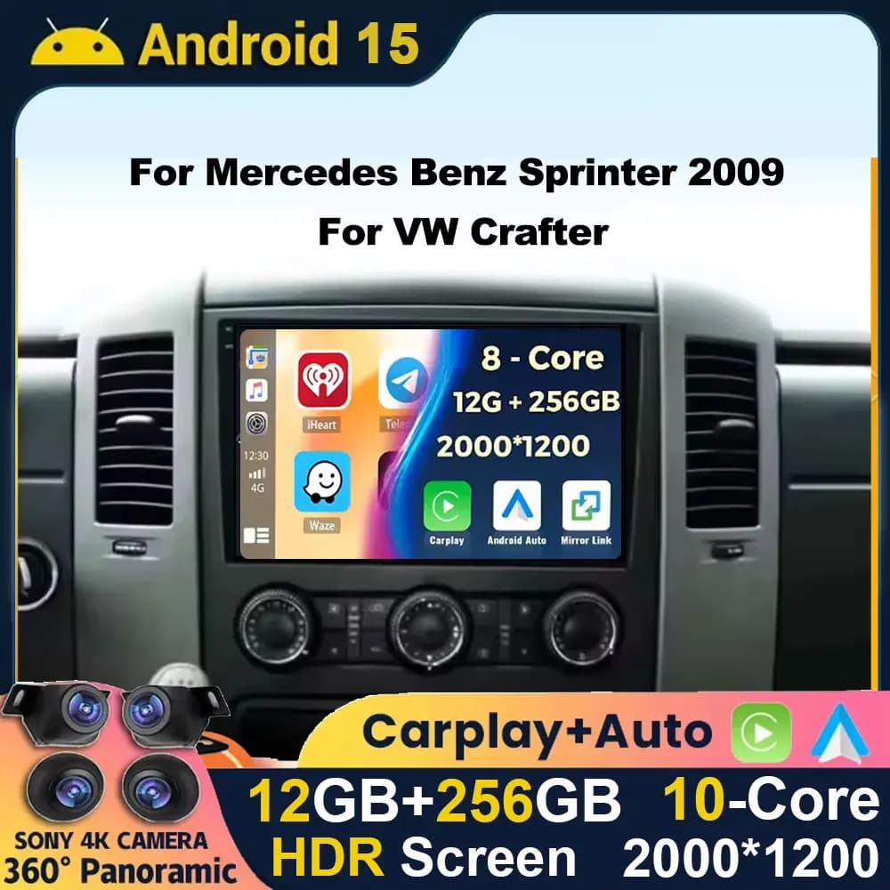 Android 15 2K 12 + 256 Per Mercedes-Benz Sprinter Per Volkswagen Crafter 2006-2016 QLED CarPlay Autoradio Lettore Video Multimediale