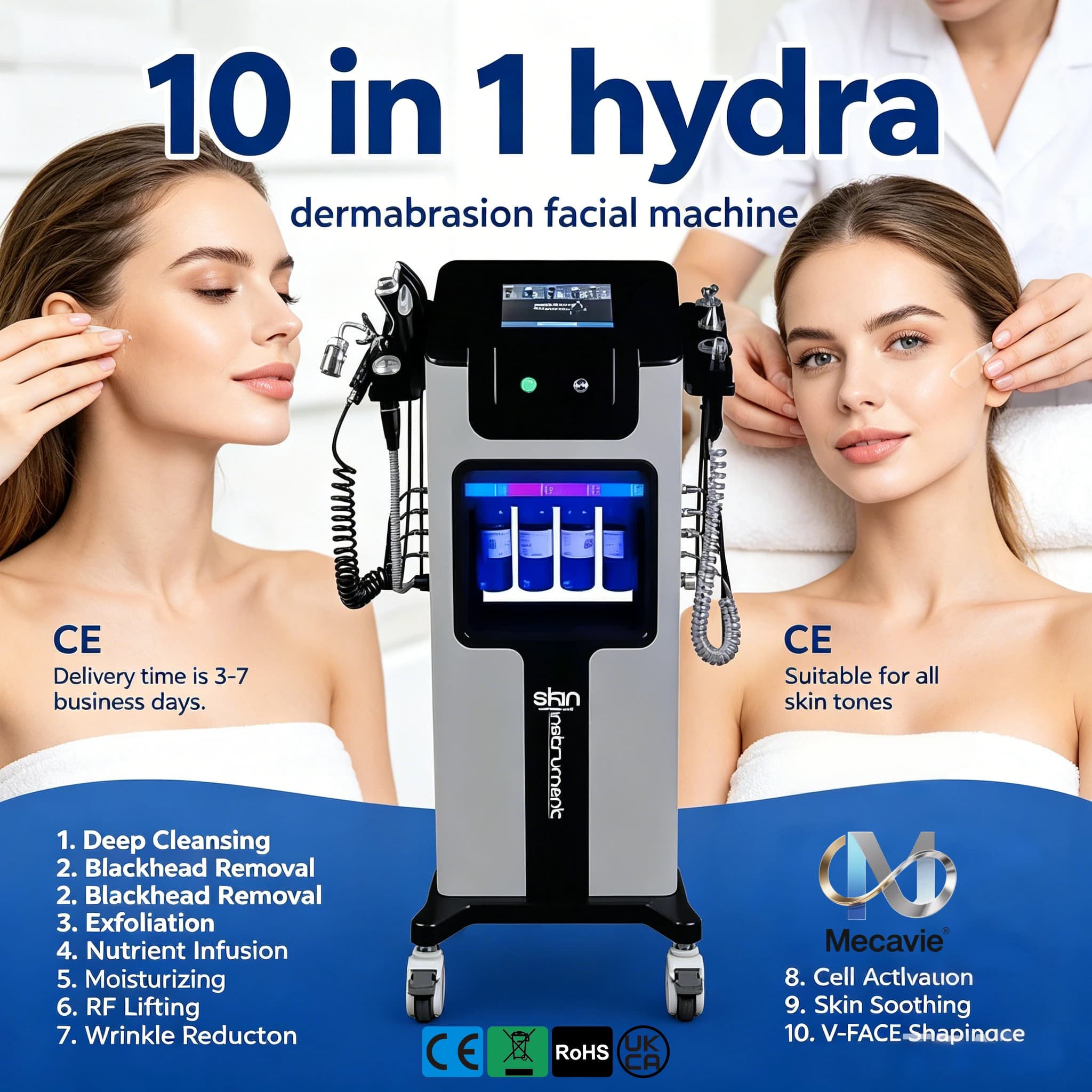 Black Pearl 10 in 1 Multifunction Hydra Facial Machine Hydra Dermabrasion RF Lifting Ultrasonic Skin Scrubber Cold Hot Hammer Oxygen Spray Deep Cleansing Anti Aging Skin Rejuvenation Salon Home Beauty Equipment Suitable for all skin tones