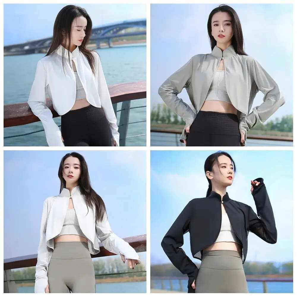 Solid Color Sunscreen Shawl Long Sleeve Thin Fabric Sun Protection Clothing Sun Protection Ice Silk Long Sleeve Crop Top