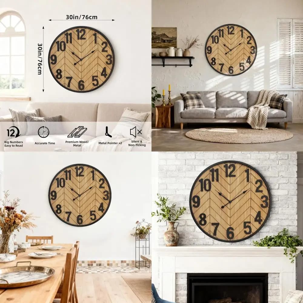 Large Wall Clock Wood Style Farm, 30 Inches, Black Frame, Silent Battery, Brown for Home Furniture