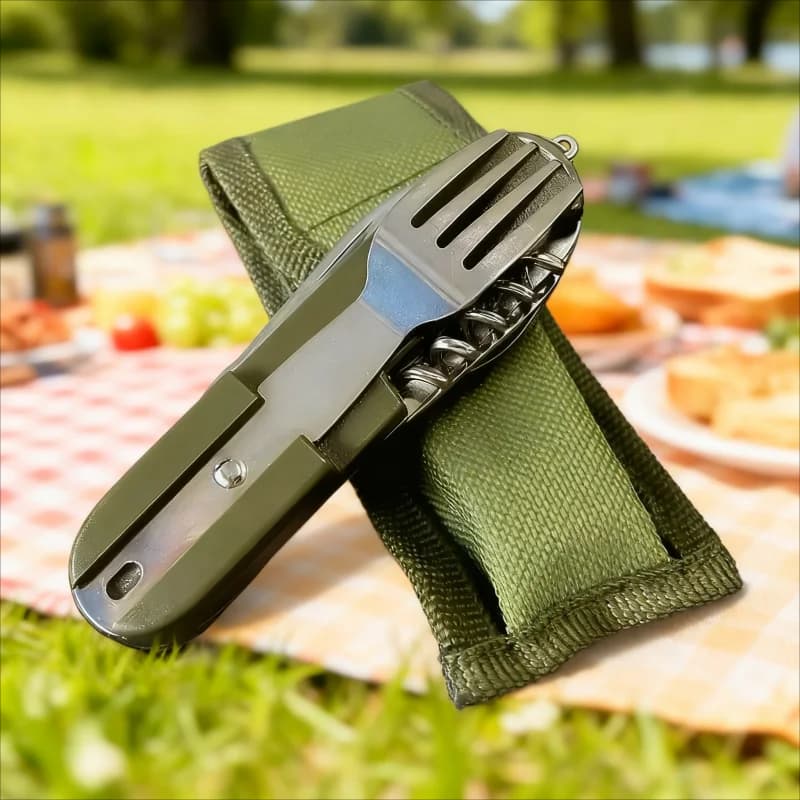 Stainless Steel 7 in 1 Camping Cutlery Set - Foldable Multifunctional Outdoor Tableware with Fork Spoon Knife for Picnic Hiking
