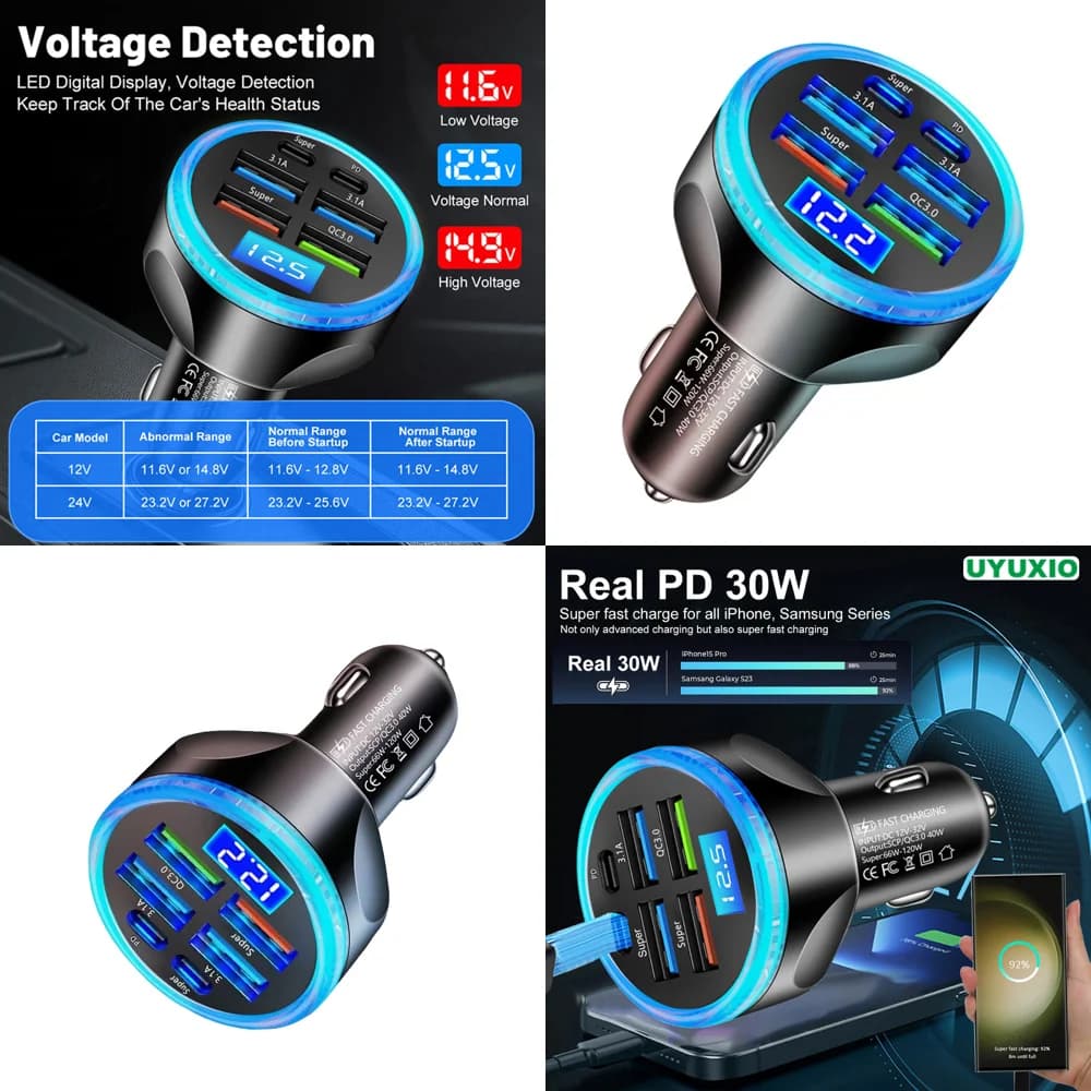 Caricabatterie USB per Auto PD 30W Tipo C con Display di Tensione, Adattatore Multi-Porta per Ricarica Super Veloce con Voltmetro, Prodotto di Tendenza