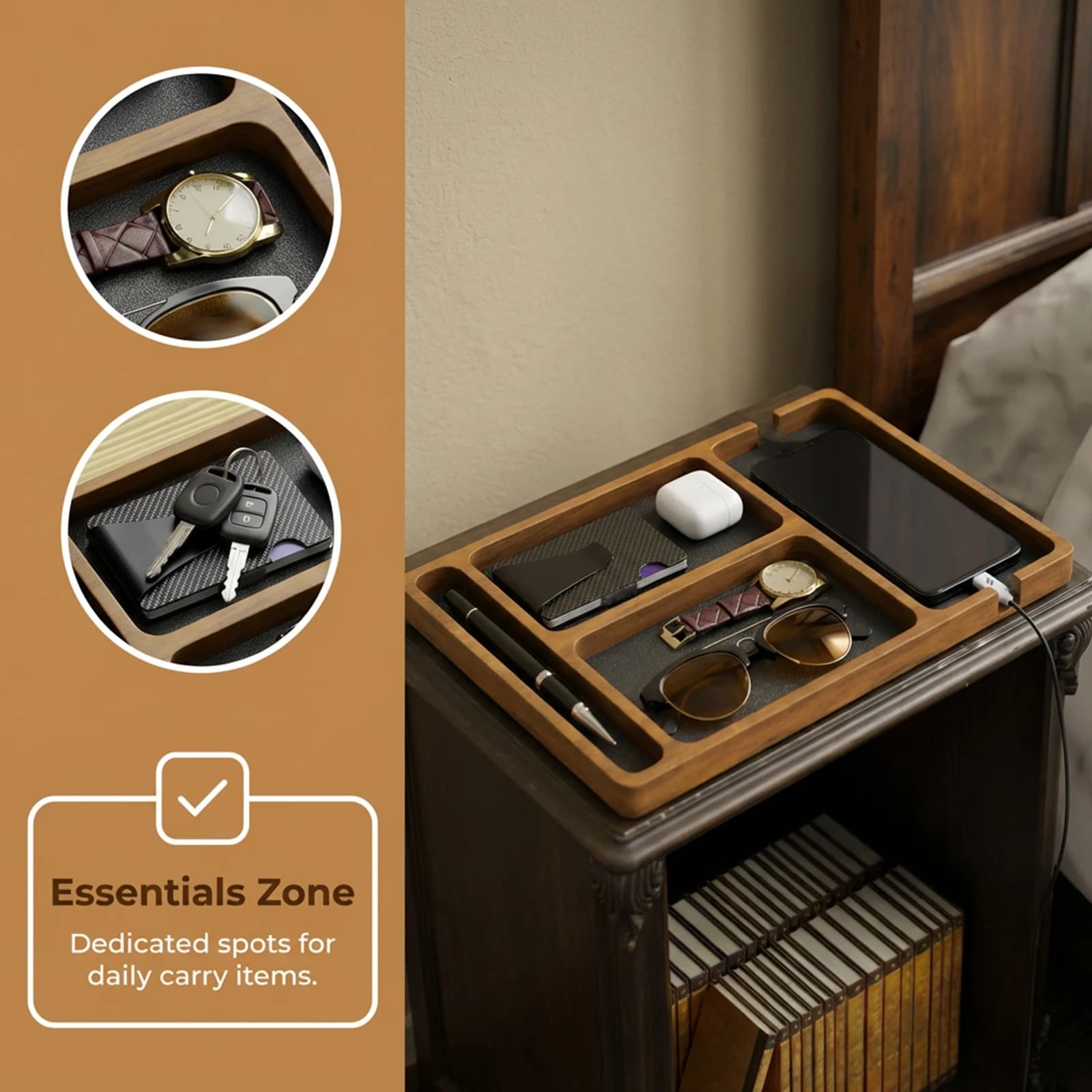 Organizer from Comodino and Desk for Men and Women with Leather Inserts, Laptops from Comodino to Telephone, Watch, Wallet, Keys, Jewelry