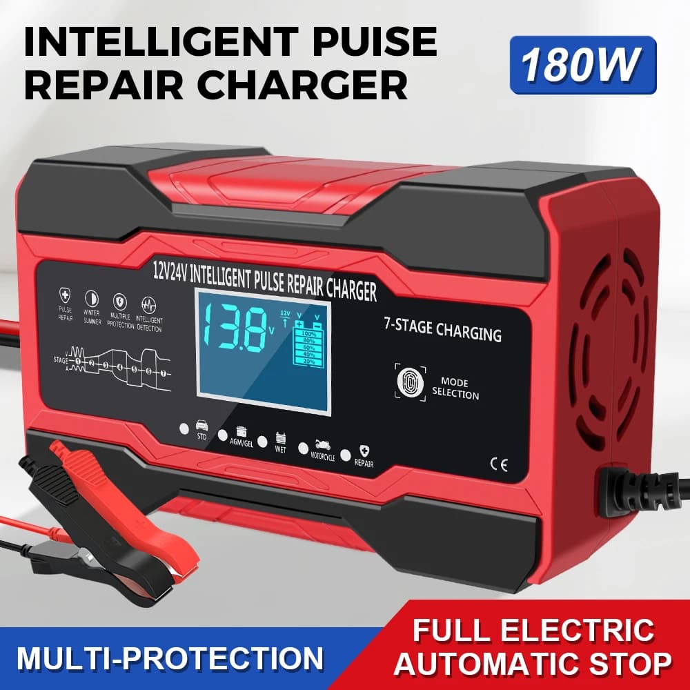 Caricabatteria con display digitale Auto Moto Piombo Caricabatteria per auto completamente automatico Batteria al piombo acido asciutto e bagnato 12V/24V Intelligente