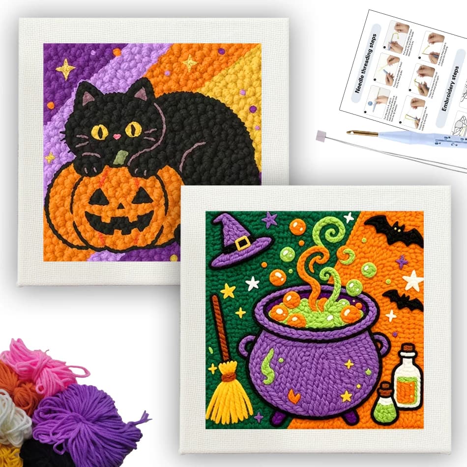 CHENISTORY punch needle embroidery kit for beginner Pumpkin Halloween Personalized Gift 25x25cm Yarn Tufting Diy Home Decoration