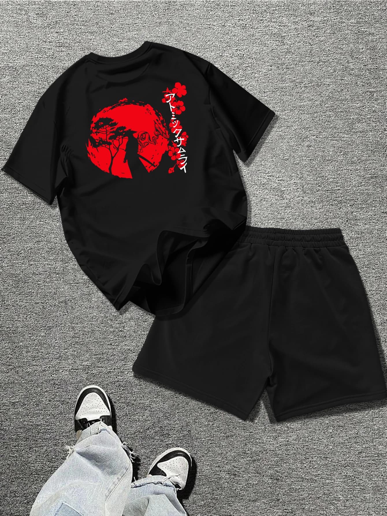 Completo Sportivo da Uomo 2 Pezzi Stile Giapponese Ukiyo-e con Stampa Sakura, T-shirt a Maniche Corte con Stampa Artistica Samurai e Pantaloncini Casual con Coulisse