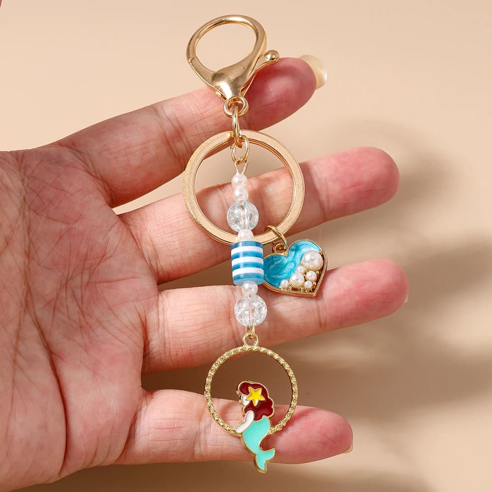 Portachiavi estivo Aihua Lovely da donna con cuore, perla e sirena, ciondolo per borsa, gioielli, regali