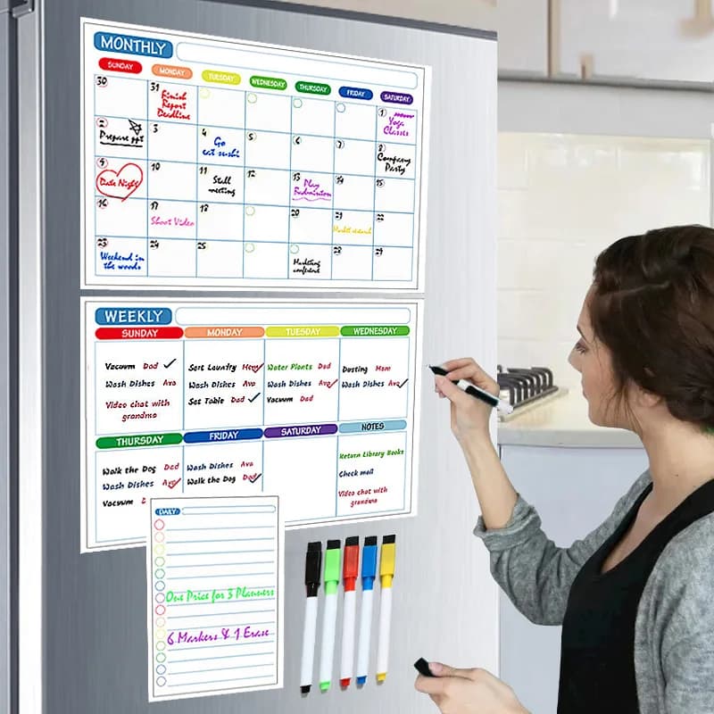 Calendario magnetico per frigorifero Pianificatore settimanale mensile Lavagna Calendario da tavolo Cancellabile a secco Adesivo per frigorifero Menu per bacheca