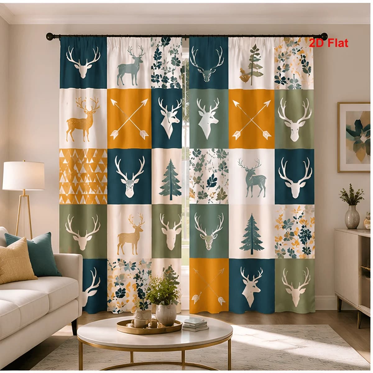 2PCS Digital Print Curtains, Plaid Elk, Rustic Cabin