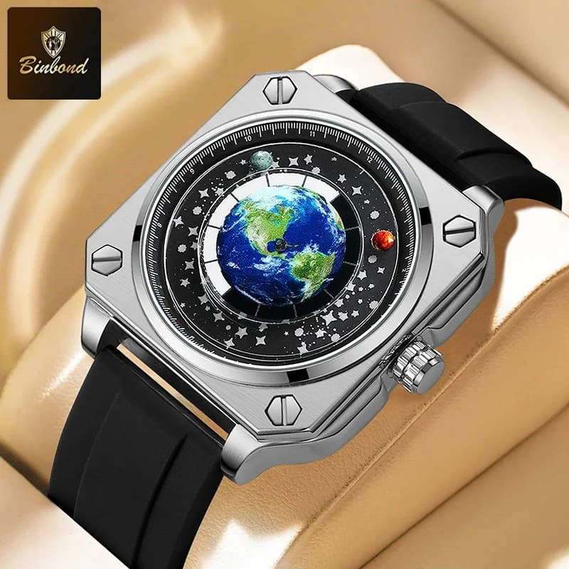 BINBOND Orologio da Terra per Uomo Quadrante Rotante Terra Nuovo Concetto Creativo Blue Planet Puntatore Non Meccanico Nastro in Silicone Orologio da Uomo