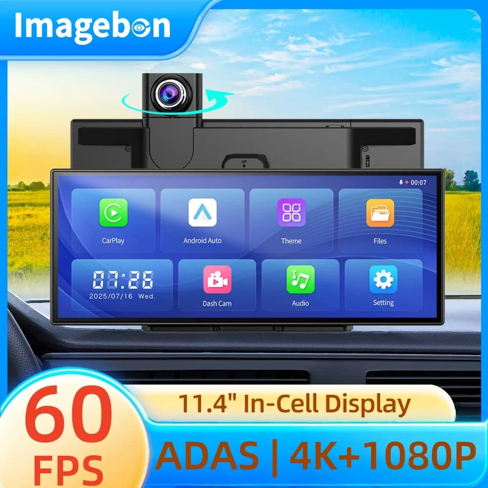 Imagebon 11.4′′ 4K ADAS Dashcam Wireless CarPlay and Android Auto Dual Lens DVR WiFi GPS Navigation Night vision recorder