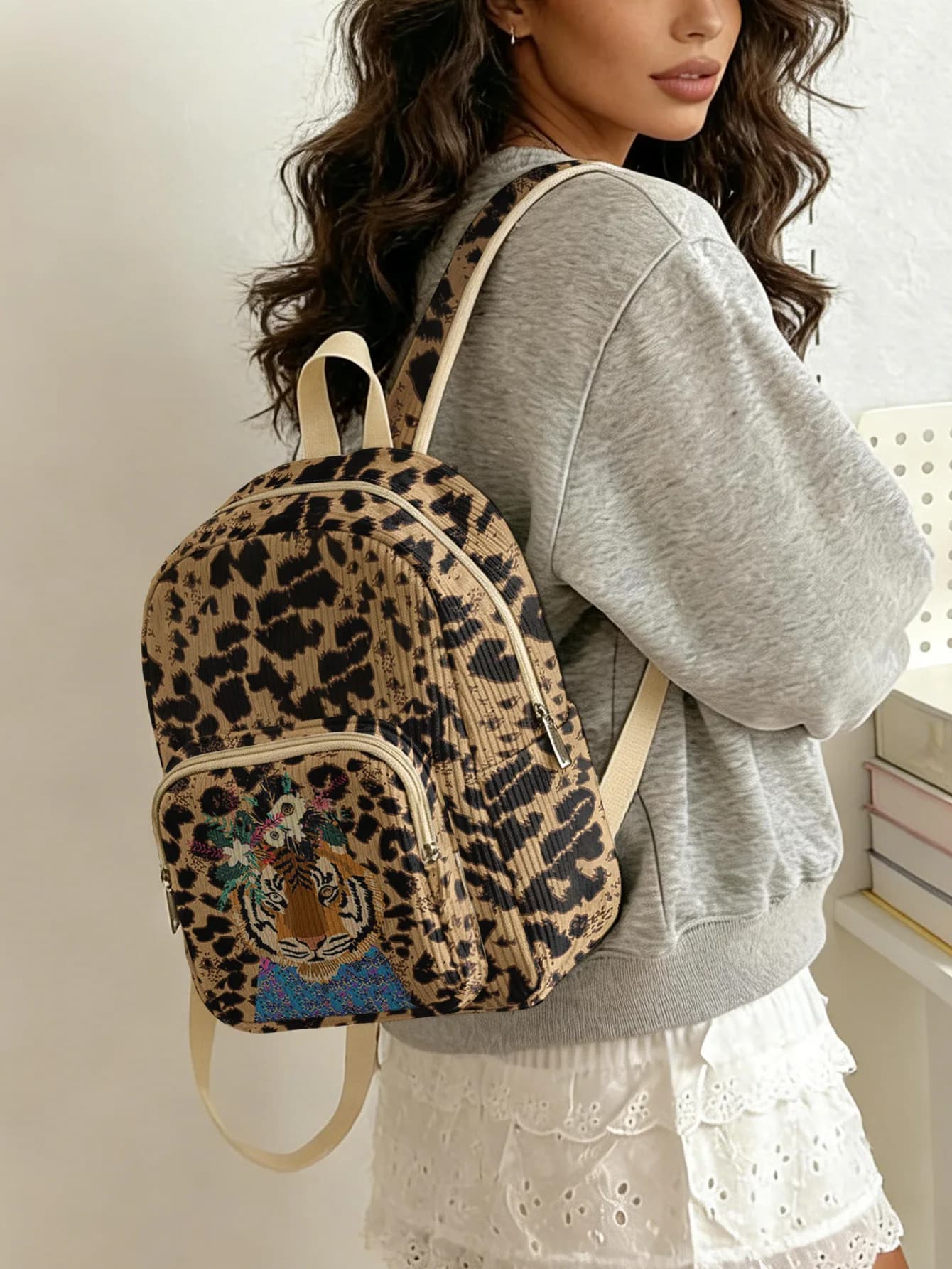 Leopard Print with Tiger Head Print Women Fashion Backpack Corduroy Multi-pocket Large Capacity Commuter Bag