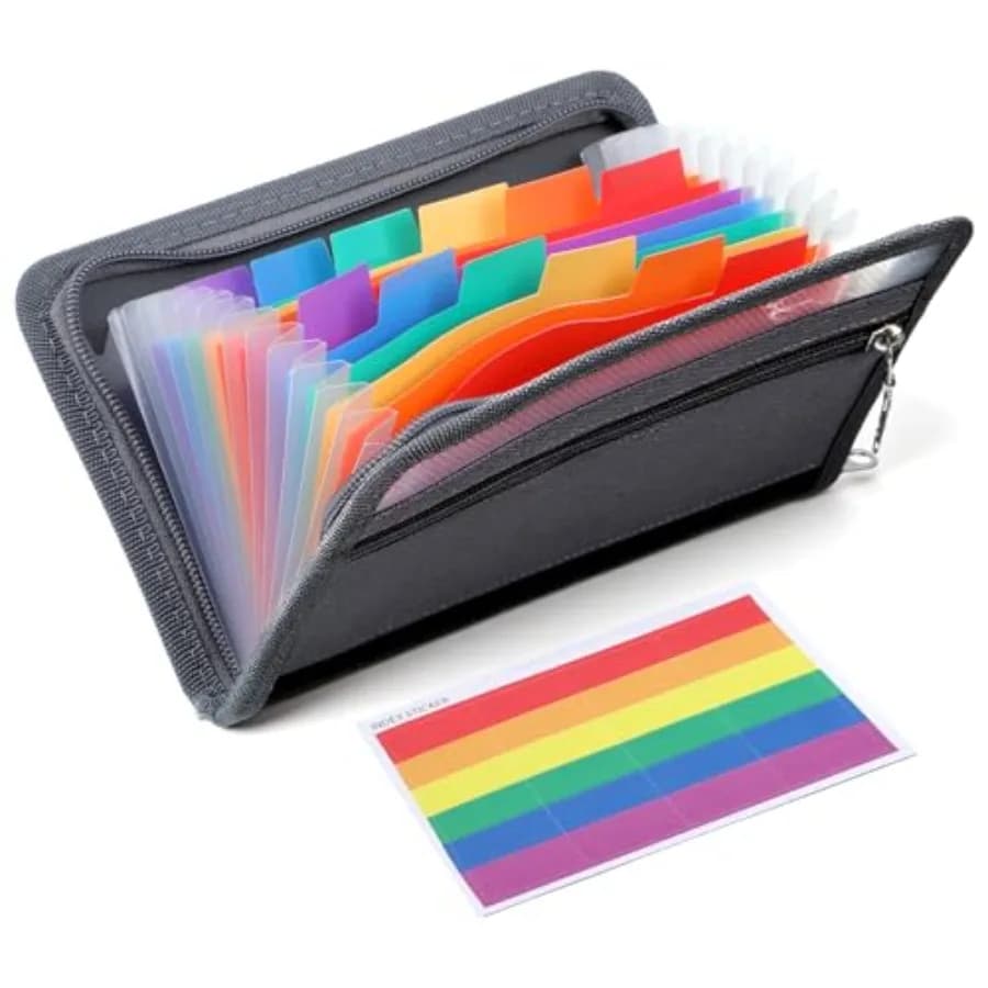 Expanding File Folder Organizer, 13 Pockets Small Accordion File Folder with Zipper and Labels 11.42x6.69 Inches Portable Coupo