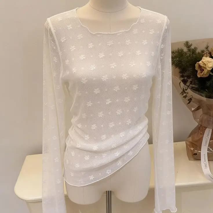 Elegant Lace Pattern Base Shirt Women's Spring Summer New Micro Transparent Mesh T-Shirt Inner Wear Thin Top Trendy Korean St...