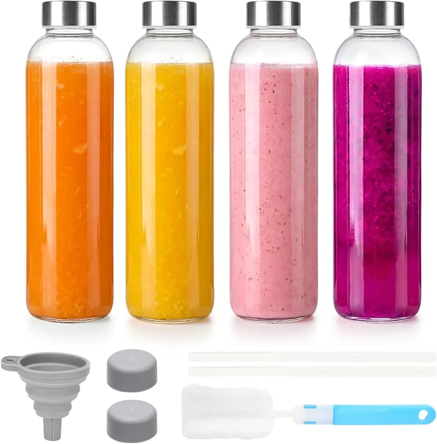 Bottiglie di vetro per succhi con coperchi da 24 oz, a prova di perdite, confezione da 4, bottiglie d'acqua trasparenti riutilizzabili con tappo in acciaio inossidabile per succhi di frutta.