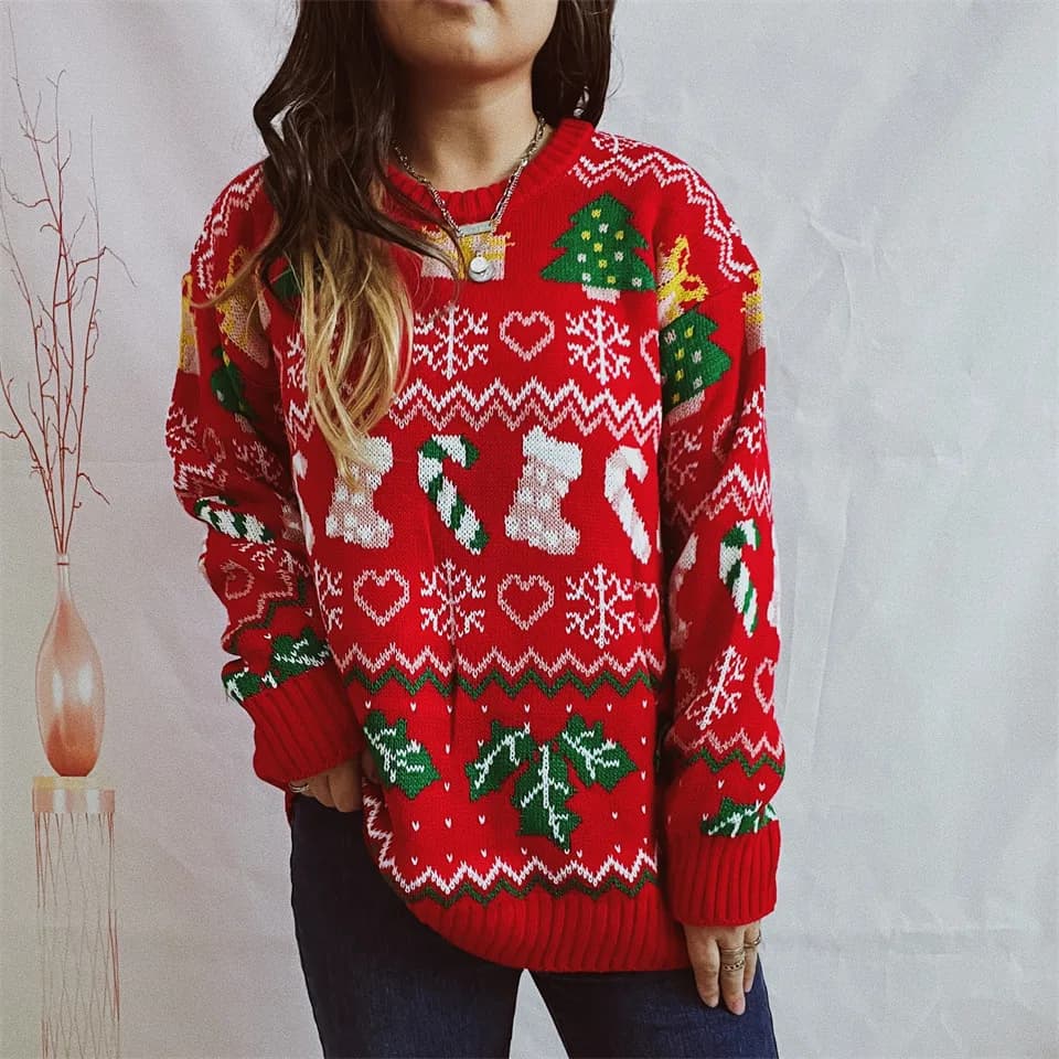 2025 Autunno Inverno Nuovo Natale Maglione lavorato a maglia da donna Moda Calzini natalizi Modello fiocco di neve Maglione allentato a maniche lunghe