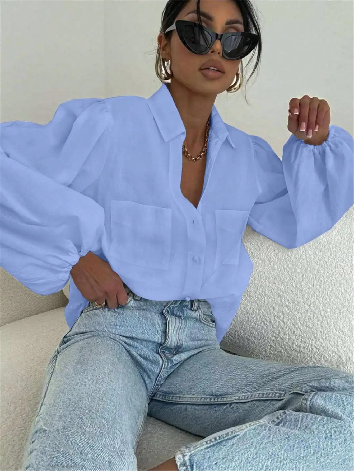 Light Blue Puff Sleeve Vintage Casual Blouse For Women Spring Summer