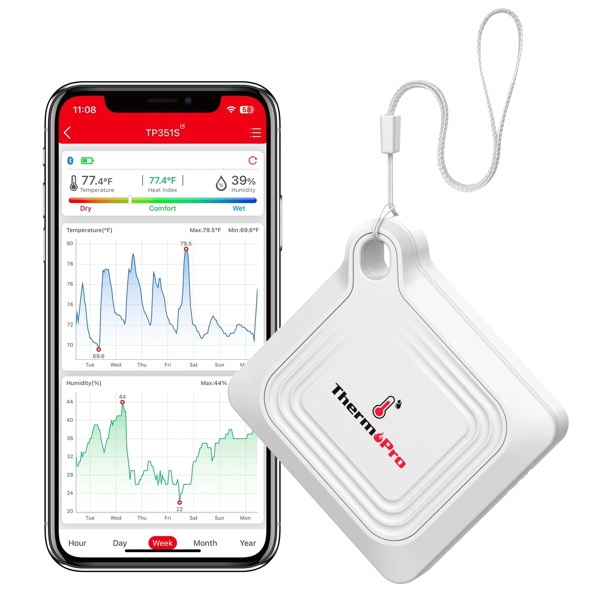 ThermoPro TP351 Bluetooth Thermometer Hygrometer, Remote App Control Temperature and Humidity Monitor with 2-Year Data Logging