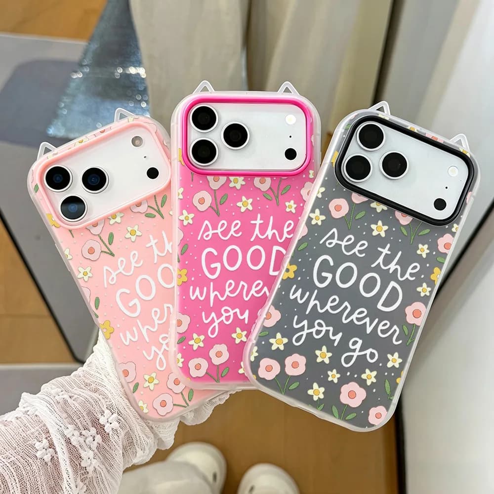 Cat Ears 2-In-1 Jelly Shell Painting Phone Case for Apple iPhone 17 16 14 13 12 Pro Max 15 11 Cases Floral English Quote Capinha