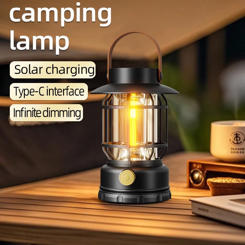 Lanterne da campeggio solari portatili a LED Lampada da tenda con gancio impermeabile per esterni Ricarica USB 2 in 1 per lampade con funzione di emergenza escursionismo
