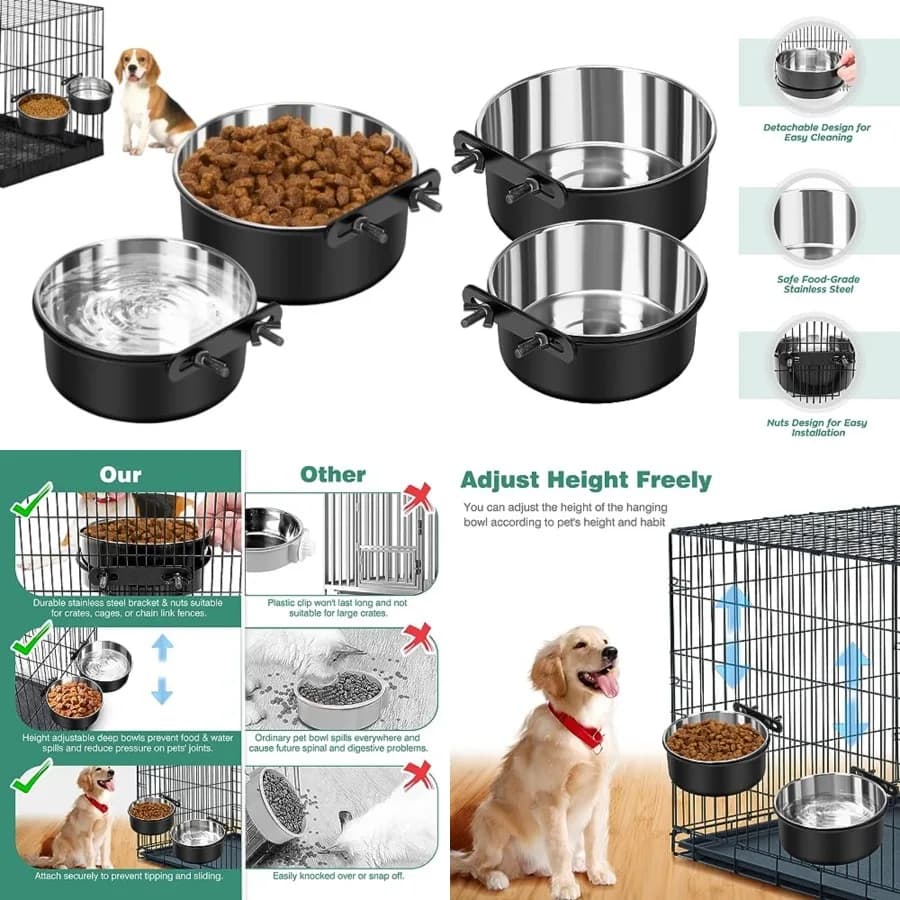 Ciotola per Acqua Anti-Goccia per Gabbia per Cani, Confezione da 2 Ciotole Sospese per Gabbia, Ciotole per Acqua e Cibo Montabili per Canile, Accessori per Gabbie per Animali Domestici, Mangiatoia D
