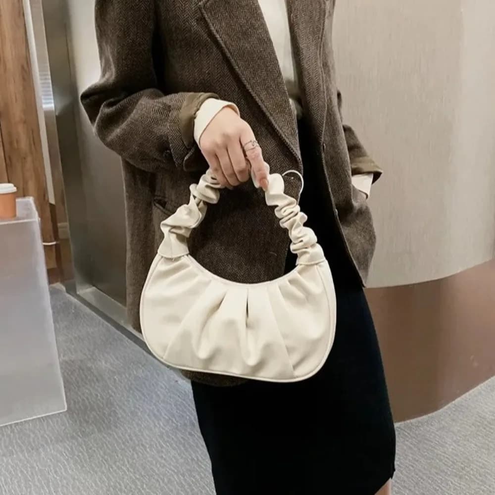 Fashion Korean Style Pleated Handbag Phone Bag Crescent Moon Cloud Bag Dumpling Bag Square PU Leather Underarm Bag Girl