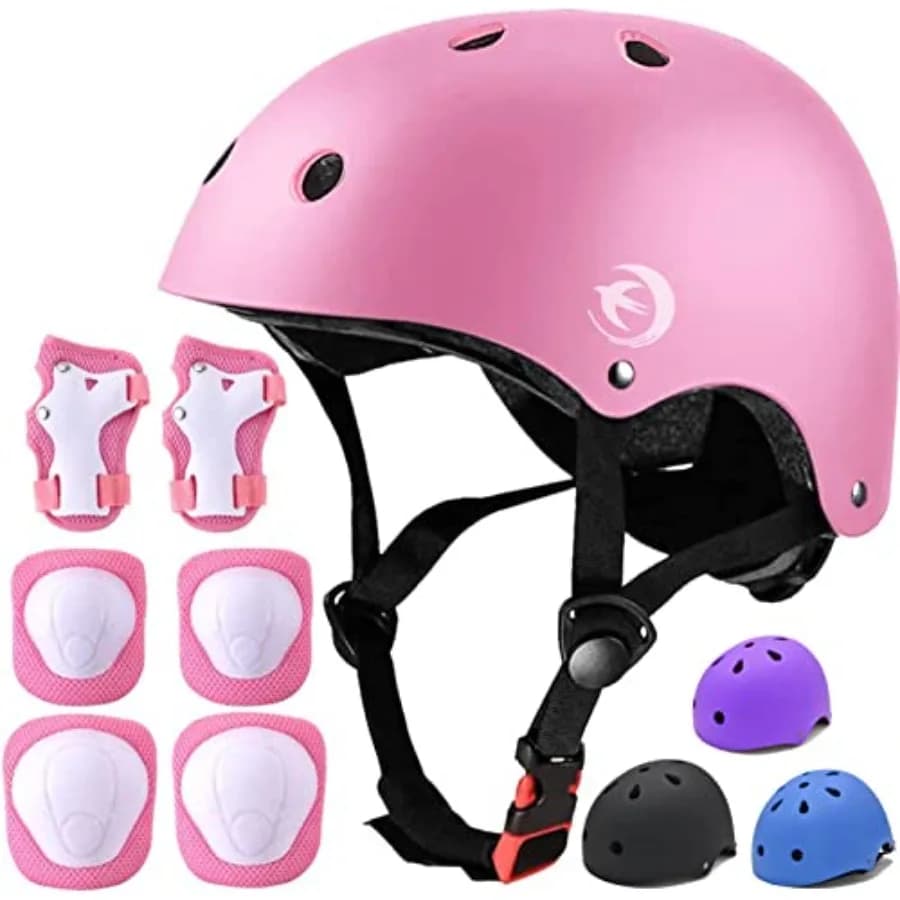 Set Casco con Ginocchiere, Gomitiere e Protezioni Polsi, Casco Regolabile per Bambini e Ragazzi, Set Protezioni per Bambini e Ragazzi da 3 a 14 Anni