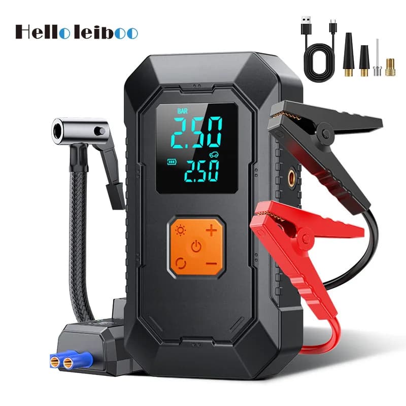 LEIBOO Avviatore di emergenza per auto Pompa d'aria Accumulatori e caricabatterie di riserva Illuminazione Compressore d'aria portatile 4 in 1 Avviamenti di batteria per auto Gonfiatore per pneumatici automatico