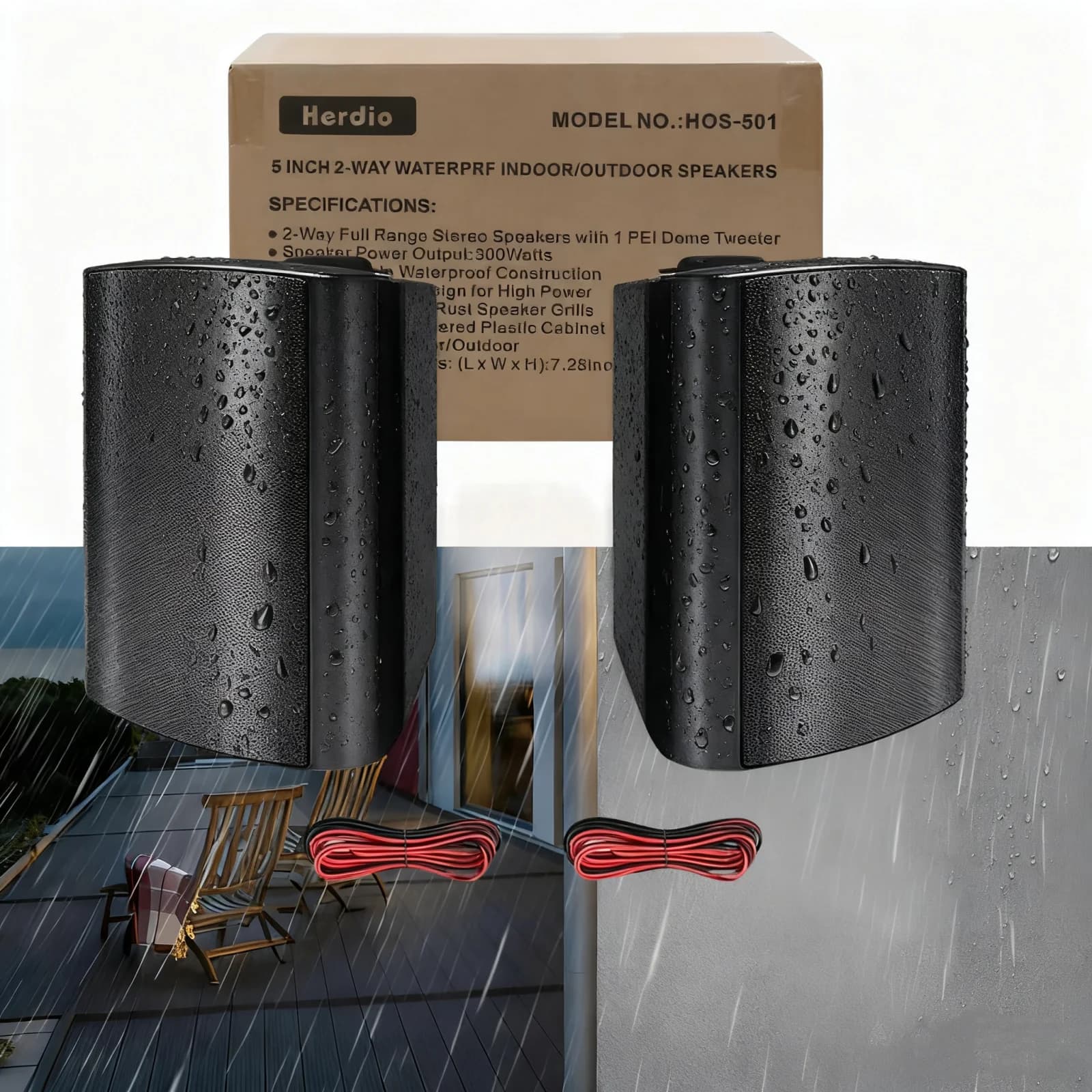 Herdio Altoparlante da esterno da 5,25 pollici 300W, impermeabile, da parete, passivo, cablato, per casa, giardino, patio, terrazza, 2 pezzi