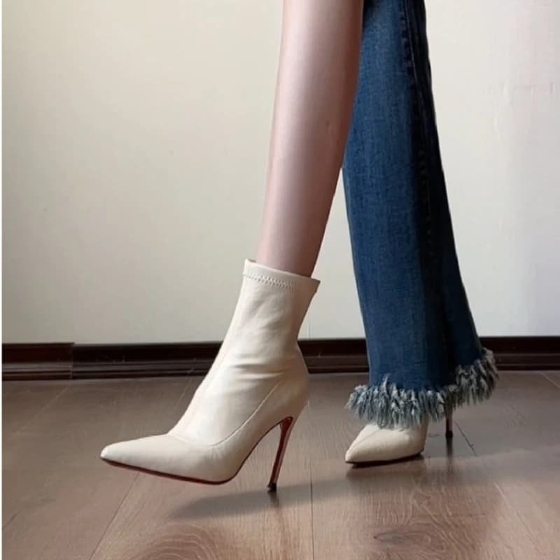 Ladies Pointed‑Toe Sock Ankle Boots, Faux Leather Stretch Pull‑On Thin High Heel Booties