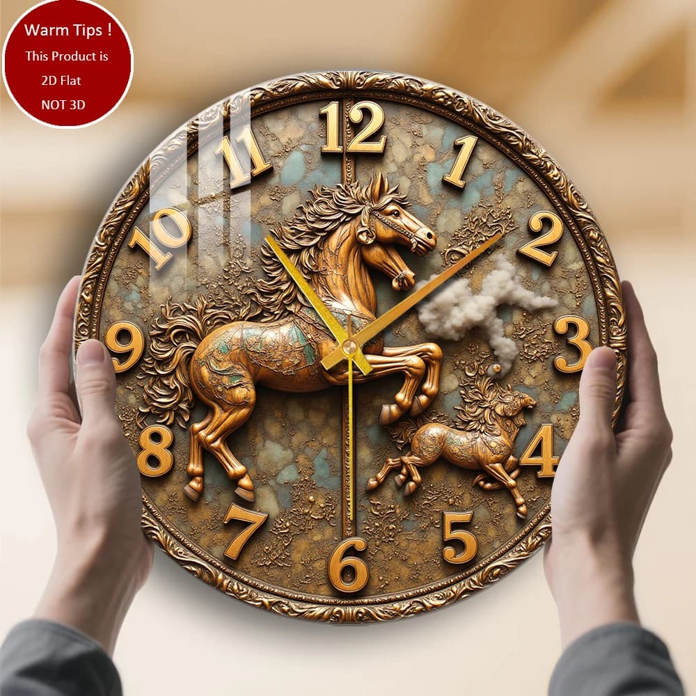 Tempered Glass Wall Clock with two horses galop suitable for wall decorations or table displays everywhere