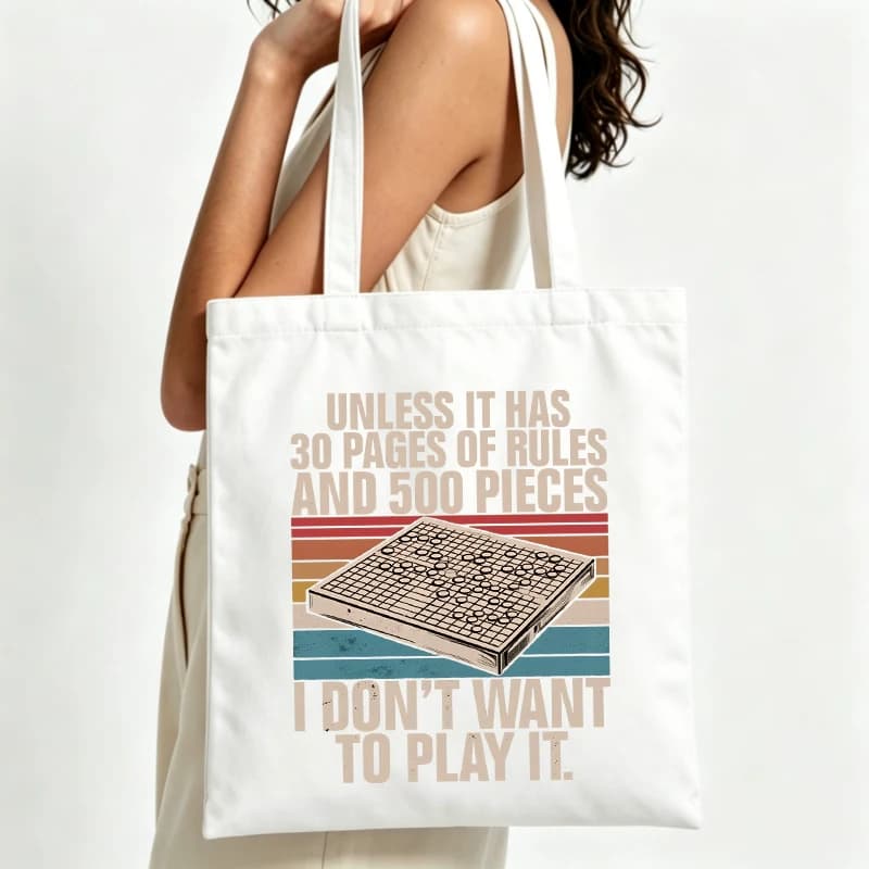 Women's board game graphic canvas tote bag with vintage text print, ideal for casual daily use and game night outings