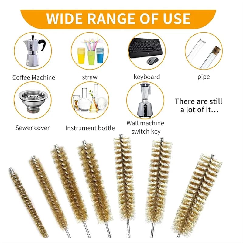 Set di spazzole per bottiglie di spazzole per tubi in filo di ottone premium da 7 pezzi, spazzole metalliche per la pulizia, pulizia della spazzola per tubi metallici