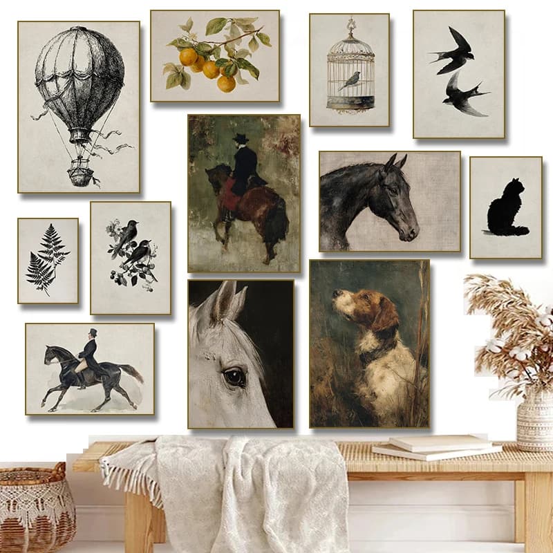 Vintage Botanical Flying Bird Rustic Horse Equestrian Rider Hunting Dog Poster Canvas Painting Print Wall Art Picture Home De