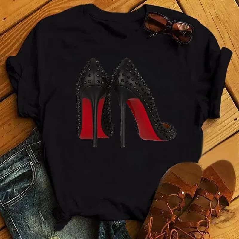 Maycaur Summer Women Tshirt New Fashion High Heels Printed Short Sleeve Tops Casual T-Shirts Women's Clothes Female Shirts