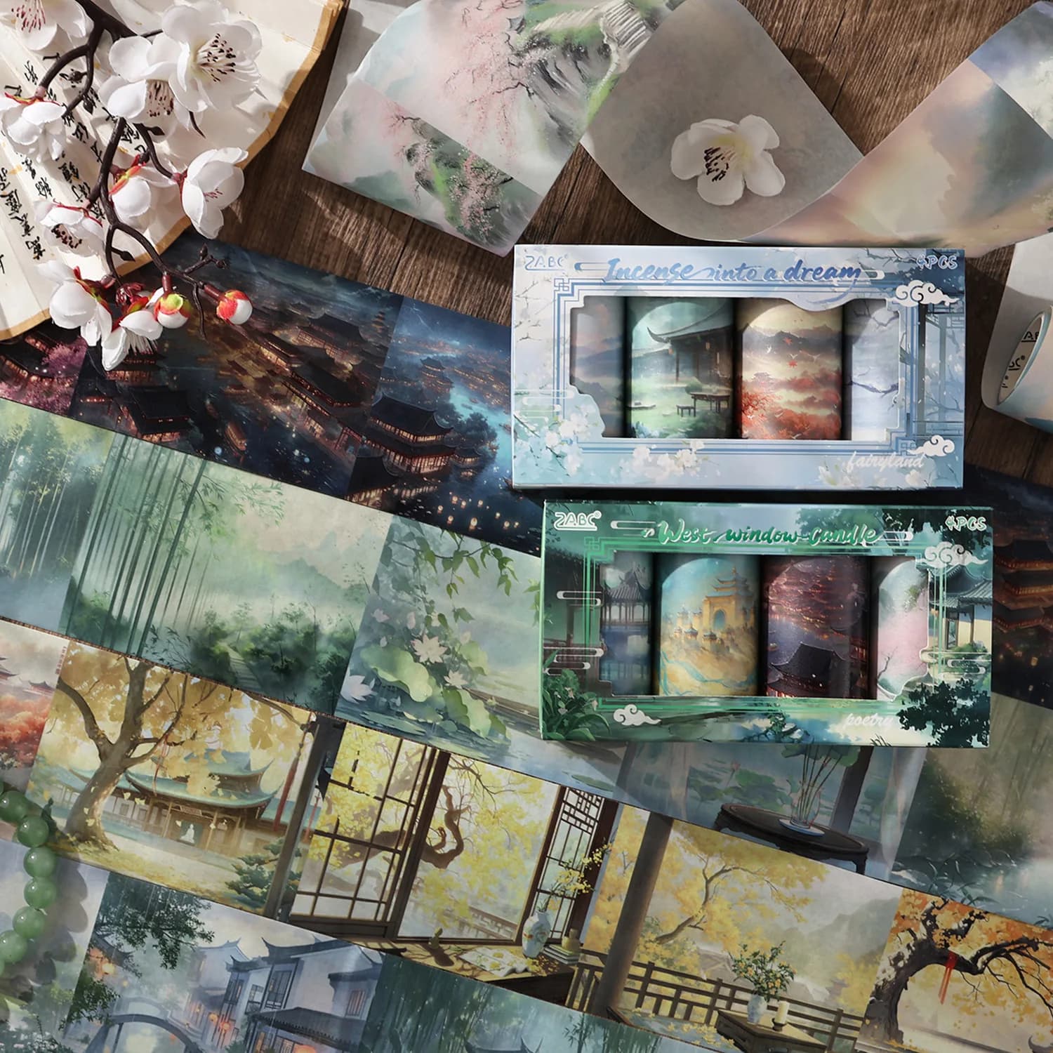 4 Rolls Chinese Ancient-Style Landscape Washi Tape Stickers, Decorative for Journal DIY & Handcrafts