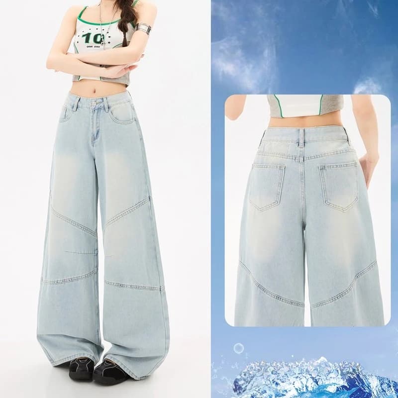 Women's Lyocell Wide Leg Jeans High Waist Blue Patchwork Baggy Denim Pants Breathable Lightweight Trousers Summer Streetwear