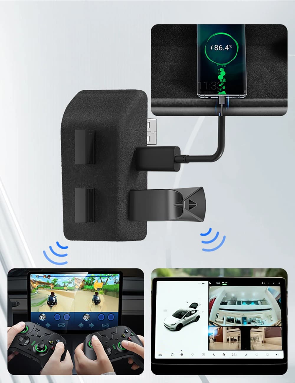 YZ Glove Box charging station for Tesla Model 3 Y Highland Juniper, quick charger with 4 USB ports, hub with floppy adaptor and powered splitter.