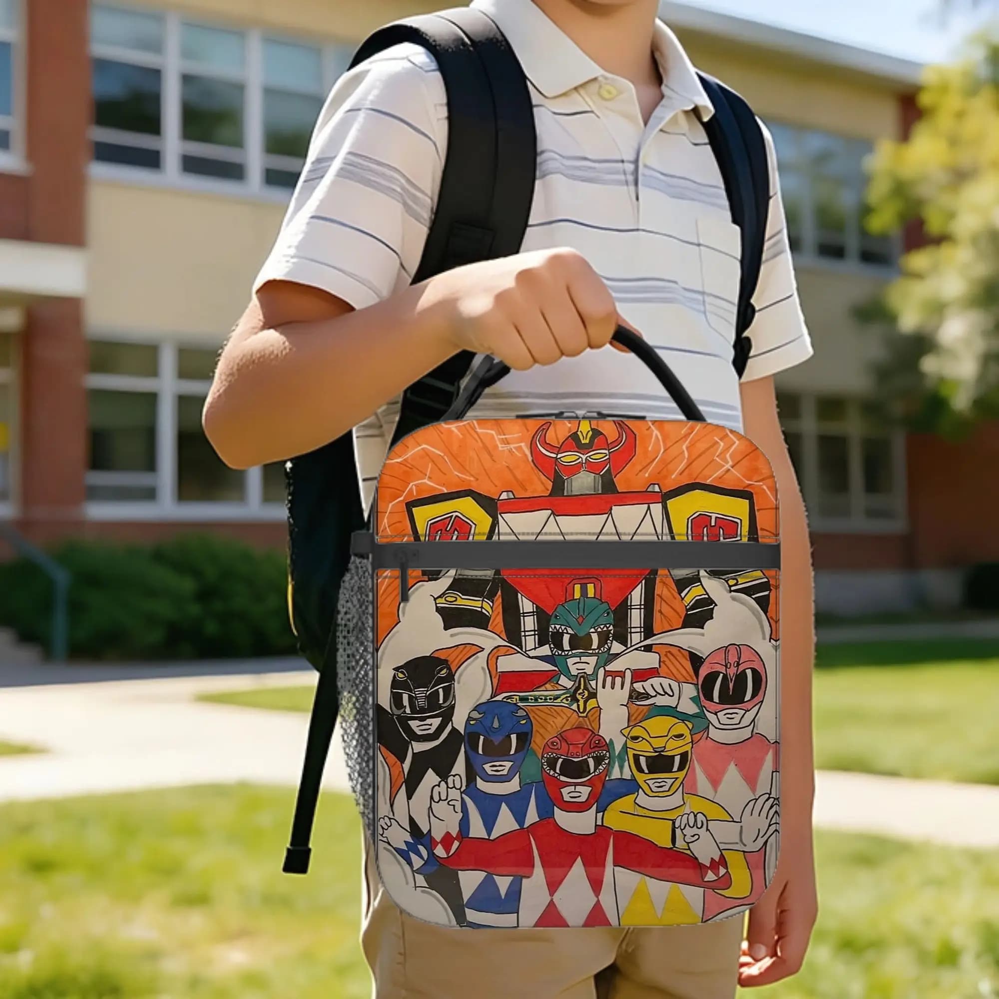 Power Rangers and Megazord Artwork Insulated Lunch Bag Meal Container Cooler Bag Tote Lunch Box School Picnic Bento Pouch