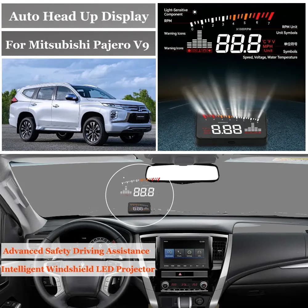 Car Head Up Display For Mitsubishi Pajero V7 V9 2000-2021 AUTO HUD Windshield Projector Accessories Speedometer Odometer RPM