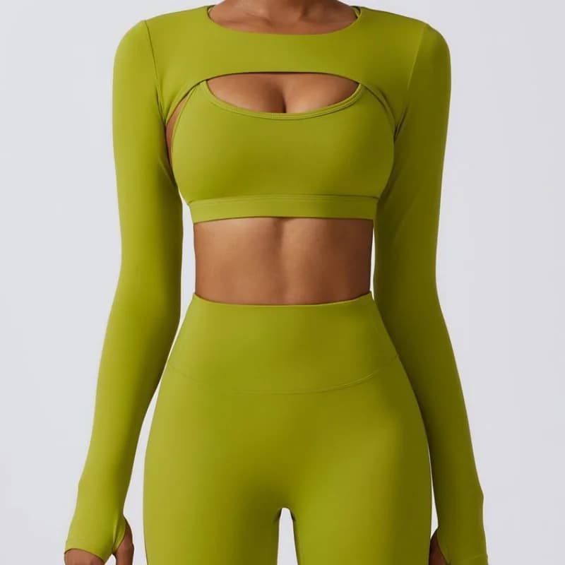 Women's Yoga Sportswear Two-Piece Set with Chest Pad Tight Running Long Sleeve Short Top Breathable Quick-Dry Moisture-Wicking
