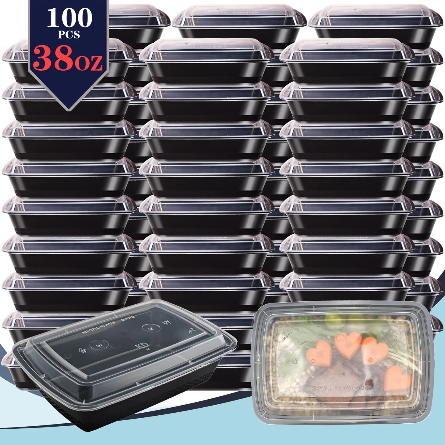 usBlack 100 pezzi (50 contenitori e 50 coperchi) Contenitori rettangolari per la preparazione dei pasti da 38oz, impilabili e a tenuta stagna, set di contenitori per alimenti, scatole Bento usa e getta, ideali per asporto e preparazione dei pasti, adatti per microonde, lavastoviglie e congelatore
