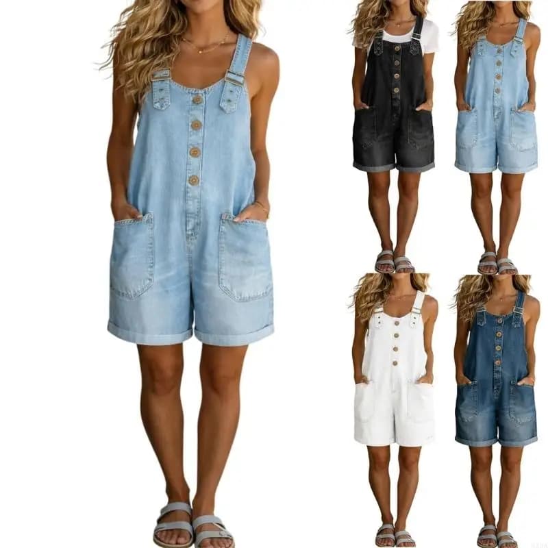 Pantaloncini da donna Salopette corta con bottoni sul davanti Salopette ampia Jean Pagliaccetto Cinturino regolabile Abito 6XDA