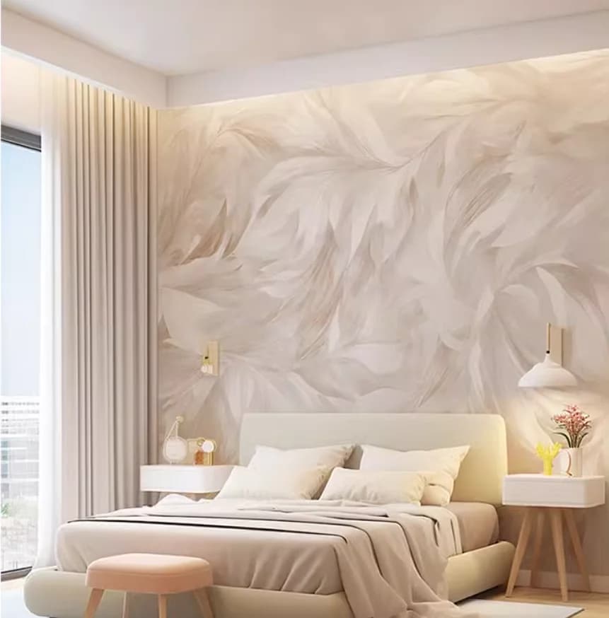 Carta da Parati Personalizzata Stile Crema, Arte Astratta con Motivi di Piume e Fiori, Carta da Parati 3D per Testata del Letto e Sfondo del Divano