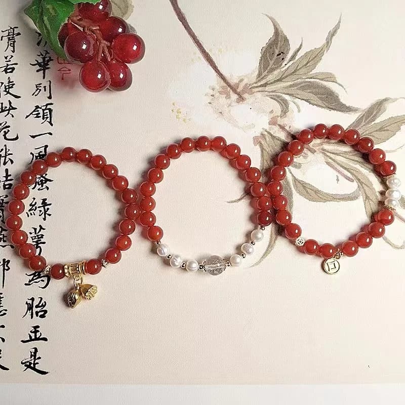 Anno Agata rossa naturale Perla d'acqua dolce Nuovo braccialetto in stile cinese Semplice e versatile Fiore di due vie Gioielli regalo per migliore amico