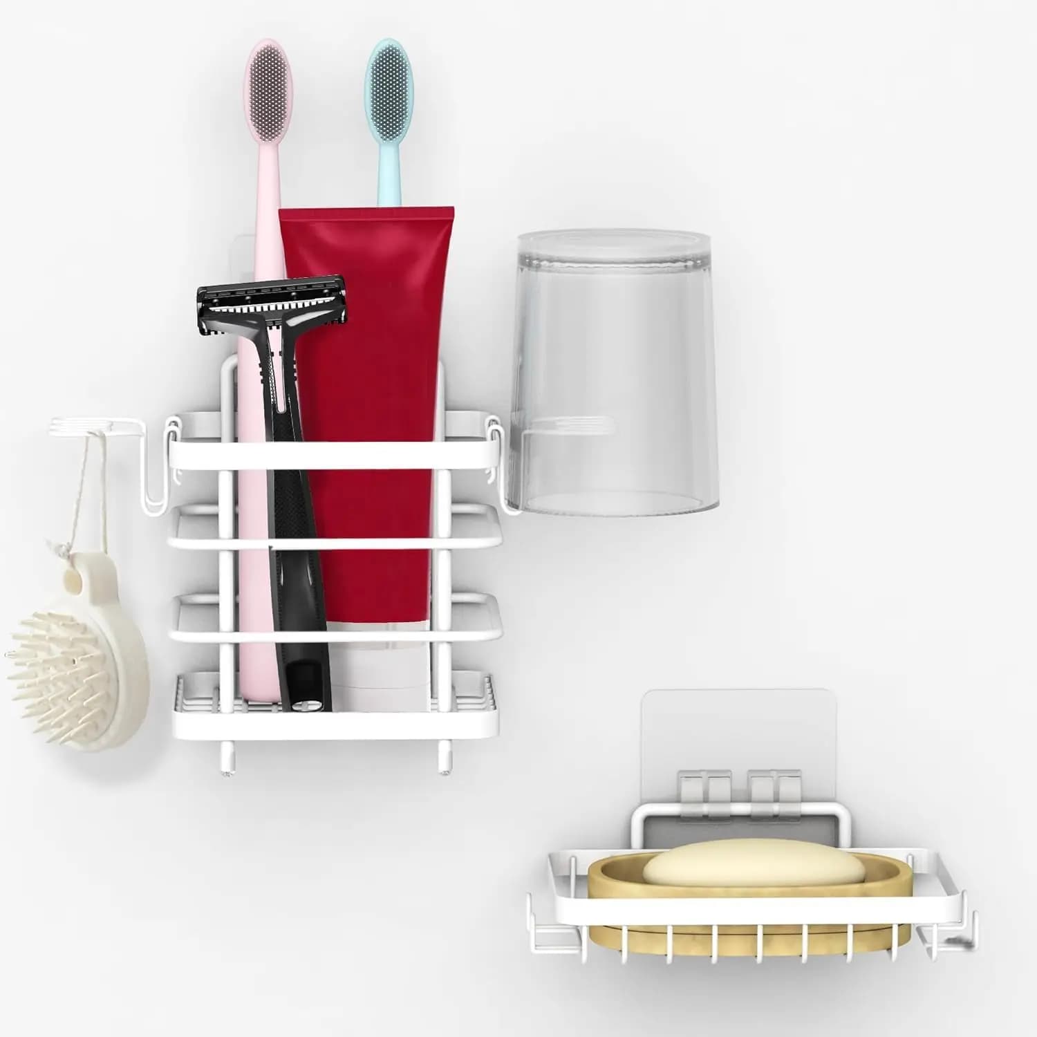 Portasapone e Portaspazzolino da Parete, Organizzatore Bagno in Acciaio Inossidabile per Sapone, Dentifricio, Rasoio (Bianco)